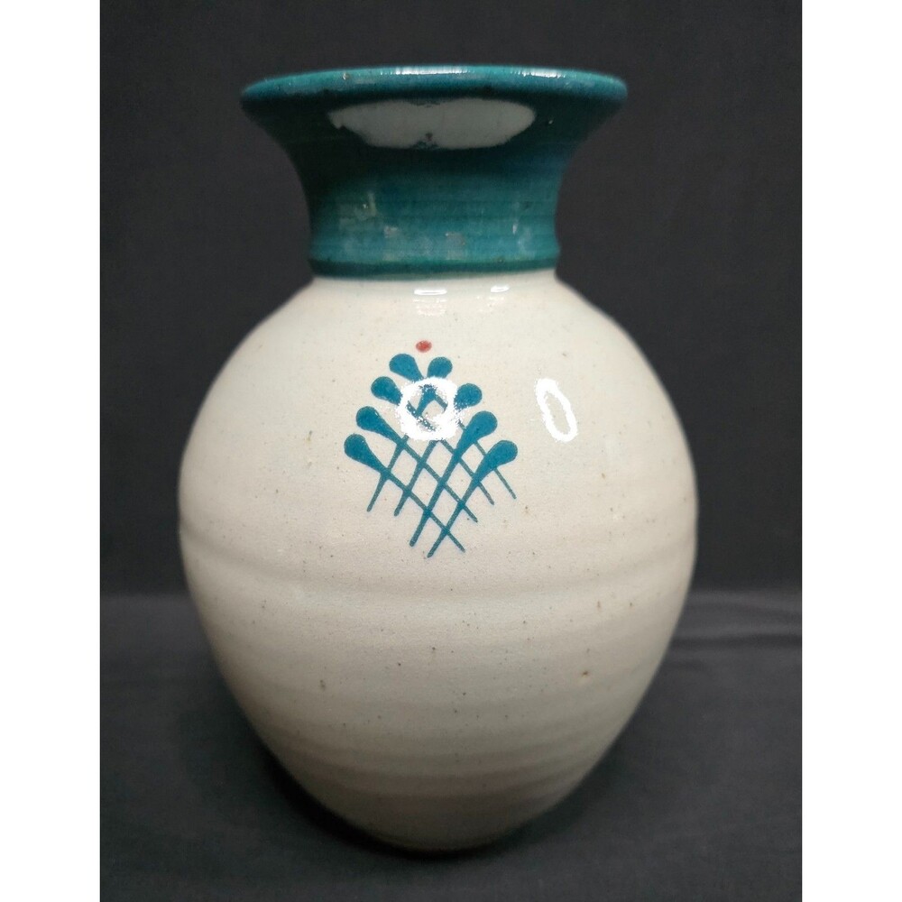 Hand Thrown Studio Pottery Vase Gray & Teal Blue Floral Stoneware Signed 6.75" - Picture 6 of 14